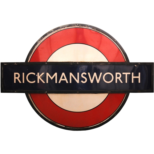 356 - An LT target sign, RICKMANSWORTH, from the Met and GC Joint Line, enamel within bronze frame, 60