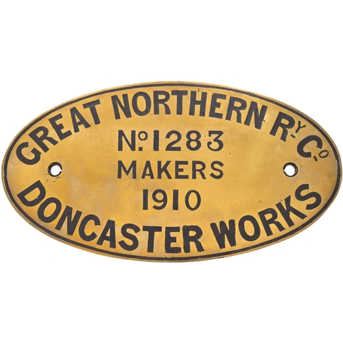 379 - A worksplate, GREAT NORTHERN RAILWAY Co, BUILT DONCASTER, No 1283, 1910, from a GNR Class C1 4-4-2 I... 