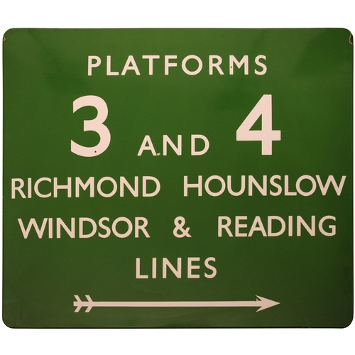 409 - A BR(S) station sign, PLATFORMS 3 AND 4, RICHMOND, HOUNSLOW, WINDSOR AND READING LINES, (f/f), ename... 