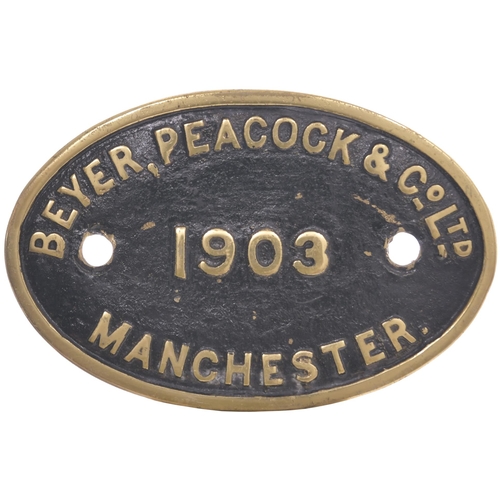 422 - A worksplate, BEYER PEACOCK, 1903, from a Great Central Railway Class 9J, LNER J11 Class, 0-6-0. Tho... 