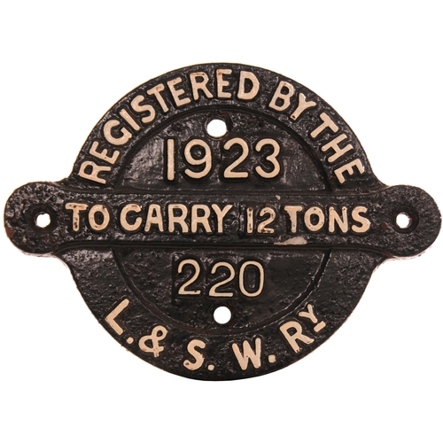 429 - An LSWR wagon registration plate, 220, 1923, 12 TONS, cast iron, 9