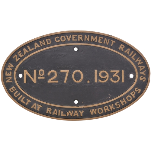 430 - A worksplate, NEW ZEALAND GOVERNMENT RAILWAYS, BUILT AT RAILWAY WORKSHOPS, 270, 1931, from a NZGR C ... 