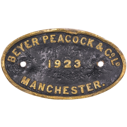 434 - A worksplate, BEYER PEACOCK, 1923, its origins unknown to the vendor, a specialist collector of fore... 