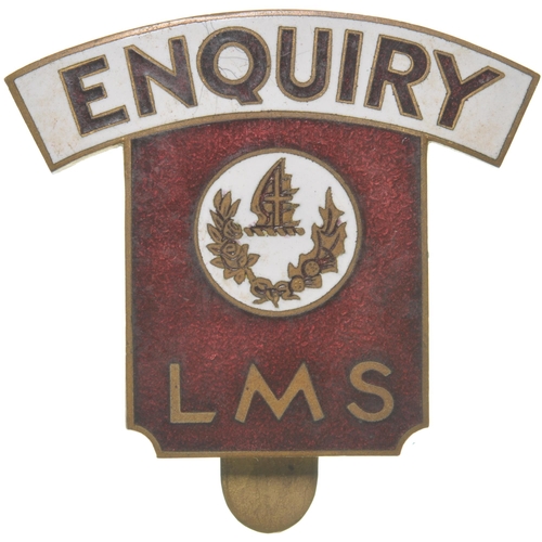 75 - An LMS Coronation Scot staff lapel badge, ENQUIRY, white and maroon enamel on brass, with coat of ar... 