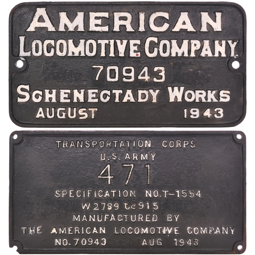 91 - A worksplate, AMERICAN LOCOMOTIVE COMPANY, 70943, SCHENECTADY WORKS, AUGUST 1943, from a metre gauge... 