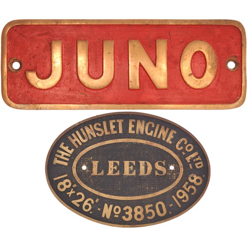 230 - An industrial locomotive nameplate, JUNO, with its matching worksplate, HUNSLET 3850, 1958, from a s... 