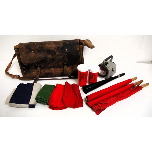 104 - British Rail Guard's/Look Out leather bag/satchel with contents, full set of flags, Bardic lamp, hor... 