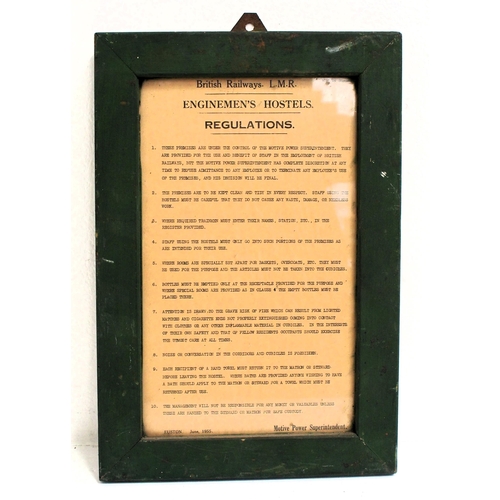 123 - British Railways (Midland) framed & glazed (original) notice stating Regulations for Engineman's Hos... 