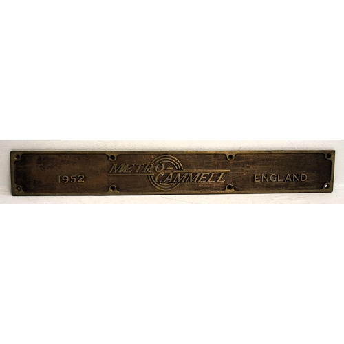 139 - Metro Cammell cast brass carriage makers plate 1952, 24