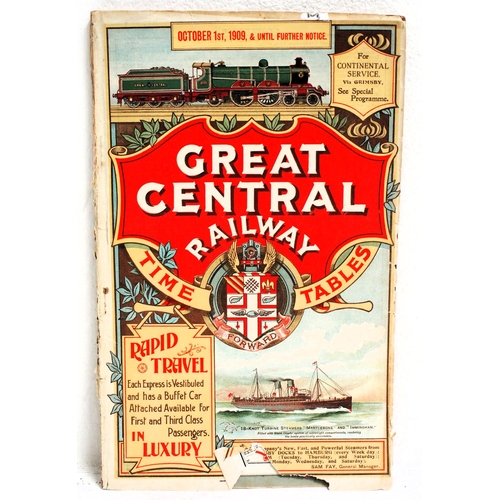 146 - Great Central Railway public timetable October 1st 1909 until further notice, with folding map, comp... 