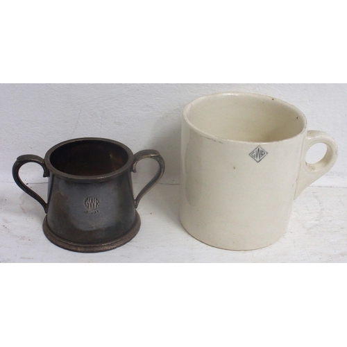 220 - Great Western Railway 1 pint mug with diamond logo, GWR Walker & Hall two handled plated sugar bowl ... 