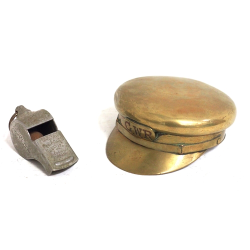 233 - Trench art (?) - GWR uniform cap fashioned from brass, has hinged lid underneath (ashtray ?), hinge ... 