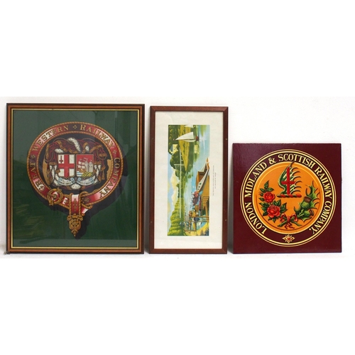 250 - Great Western Railway & LMS mounted coats of arms, framed & glazed carriage print 