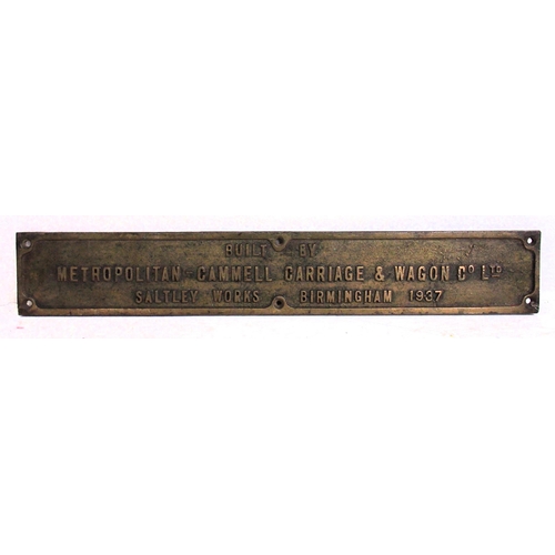 287 - Metropolitan Cammell Saltley cast brass carriage plate dated 1934, 22½