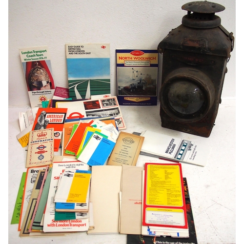 323 - British Railway (Midland) Adlake signal lamp case, box of assorted pocket railway timetables. (Dispa... 