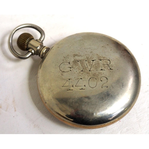 326 - GWR pocket watch No. 4402, GWR engraved on rear, top wind second hand, dial has usual hairline crack... 