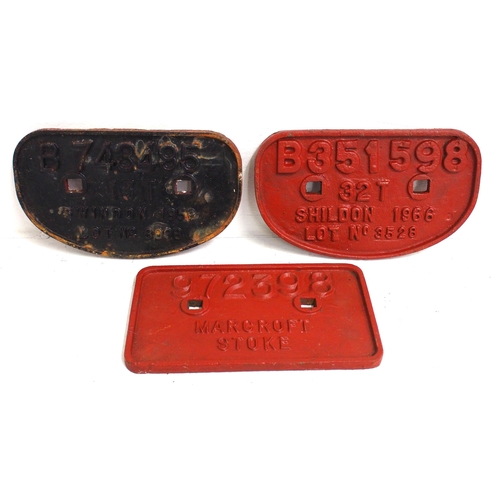 330 - British Railways C/I D wagonplates - B351598 32T Shildon 1966, B743495 13T Swindon 1959 & 972398 Mar... 