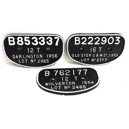 343 - British Railways C/I D wagonplates - B222903 16T Glos C&W, B762177 12T Wolverton 1954, B853337 12T D... 