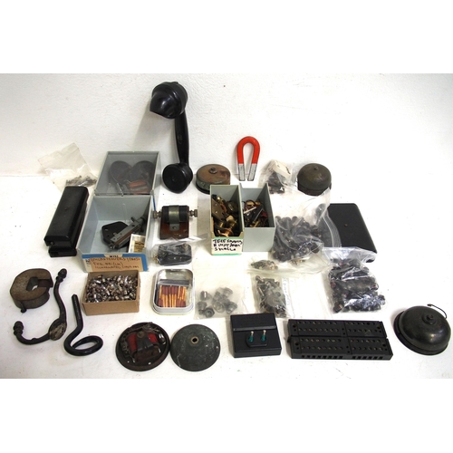 356 - Quantity of telephone/GPO spares including brass turnscrews, bells, diaphragms, handset, switches, b... 