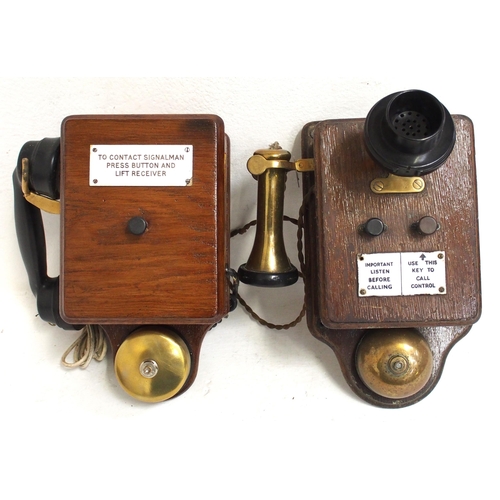 371 - Railway wall mounted wooden cased telephones, one with separate ear piece, both in good condition. (... 