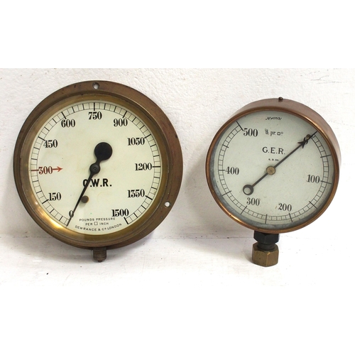 378 - Great Western Railway brass cased test gauge 0-1500 lbs case stamped GWR & 12.10.14, GER same 0-500 ... 