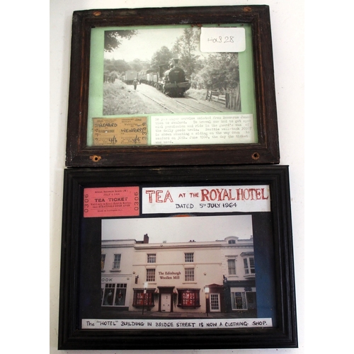 38 - Framed & glazed Edmondson tickets with photos - Wheatley (Oxon), Oswestry, Wadebridge, BR(W) Tea Tic... 