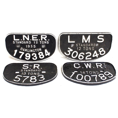 392 - Big Four C/I D wagonplates - GWR 14T 100789, SR (SER) 13T 5783, LMS 12T 306248, LNER 12T 1935 Darlin... 