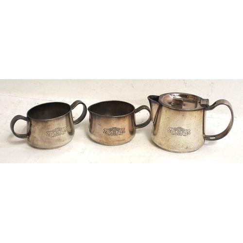 402 - Pullman Car Company table silverware - tea pot, milk/cream pourer & sugar bowl, all by Walker & Hall... 