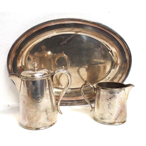 London Midland & Scottish Railway Hotels silverplate - coffee pot (Elkington), salver - 14"x 10", LMS Cars hot water jug (Mappin & Webb), all with service knocks. (3) (Dispatch by Mailboxes/Collect from Banbury Depot)