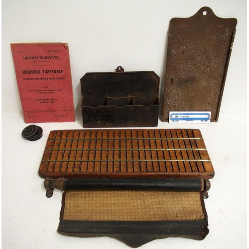 459 - Miscellaneous items - hardwood & brass pay check tray, numbered 1 to 100, well used & attractive 8½