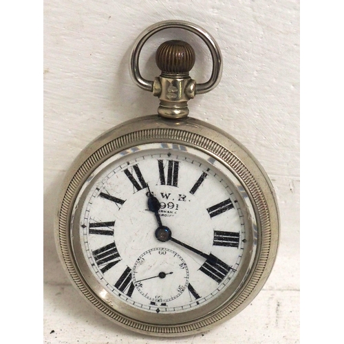 502 - GWR pocket watch No 4991, screw back, movement by Buren Swiss 7 Jewels, porcelain face marked GWR 49... 