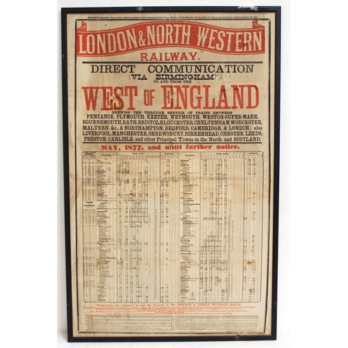 544 - London & North Western Railway West of England framed (not glazed) timetable poster, May 1877, 27