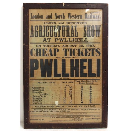 547 - London & North Western Railway glazed & framed timetable poster for Agriculture Show at Pwllheli, 30... 