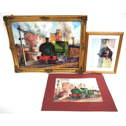 576 - Original artwork by John F Roberts of 0-4-0 saddle tank, framed measures 27