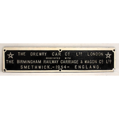 70 - Drewry Car Co & BRCW works/wagon cast alloy plate, 1954, ex New Zealand Railway Class RM Diesel Rail... 