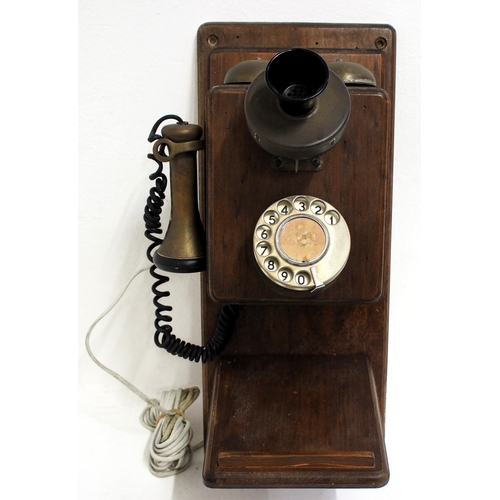 88 - Wall mounted wooden dial telephone with writing slope, appears to have been updated regarding wiring... 