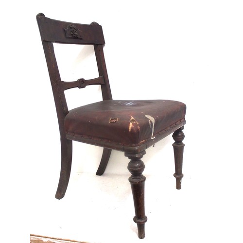 342 - Upholstered office chair with unknown carved monogram in top rail, overall good condition, seat 18