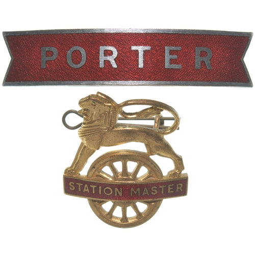 1054 - Badges, BR(M), lion over wheel STATION MASTER, gilt, and fishtail PORTER, nickel. (2)