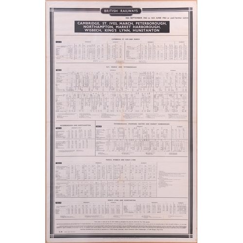 1064 - BR(E) timetable poster, Sept 1962-June 1963, Cambridge-St Ives-March, Peterboro, Northampton, Market... 