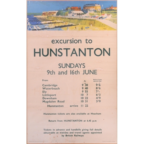 BR(E) poster, EXCURSIONS TO HUNSTANTON, From Cambridge, Ely, etc, a stock poster with artwork by Pierce, water marks, a few holes near the base, generally good.