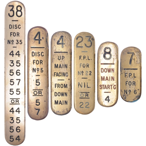 1071 - GWR signal lever plates, wording includes DISC, FPL, Up Main Facing, Down Main Starting, lengths 3¾