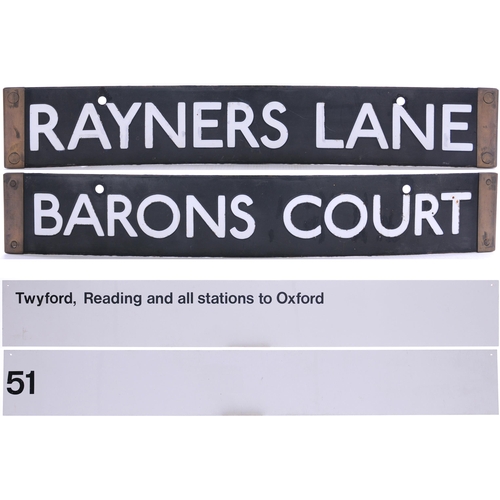 1072 - LT cab plate, BARONS COURT-RAYNORS LANE, enamel, brass ends, minor chips, the plate bowed. Also, BR(... 