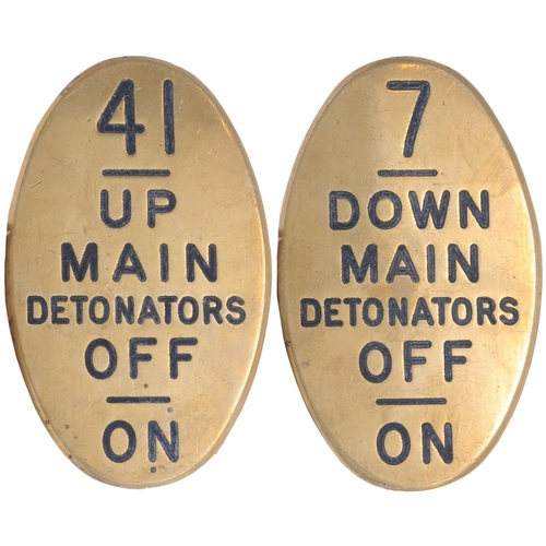 1073 - GWR signal lever plates, UP AND DOWN MAIN DETONATORS 7, 41, engraved brass, 3