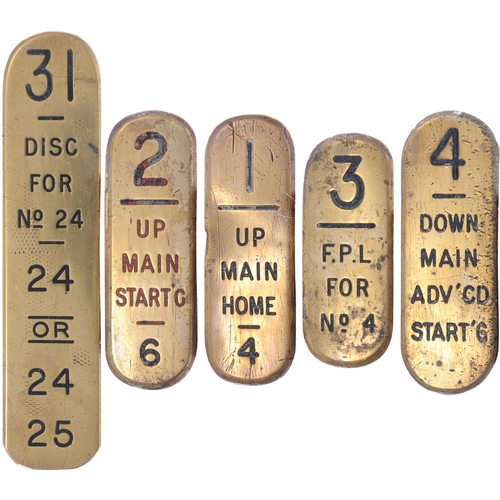 1090 - GWR signal lever plates. wording includes Disc, FPL, Down Main Advanced Starting, Up Main Starting, ... 