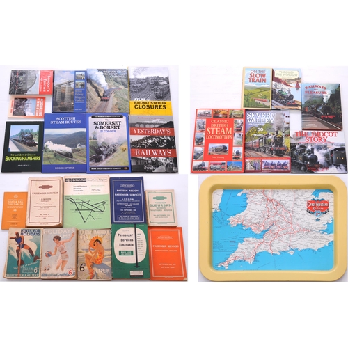 1110 - Publicity, timetables, books, a quantity, also a souvenir tin tray with map of GWR displayed.