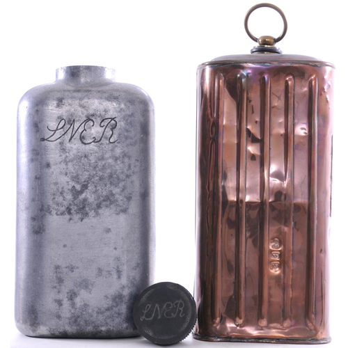 1111 - Hot water bottles, LNER aluminium, script initials on the side and stopper, also a copper example wi... 