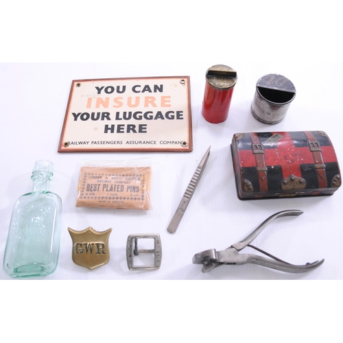 1115 - Hardware, GCR bottle, insurance notice, sweet tin with LNWR label on top, GSWR buckle, LMS clippers,... 