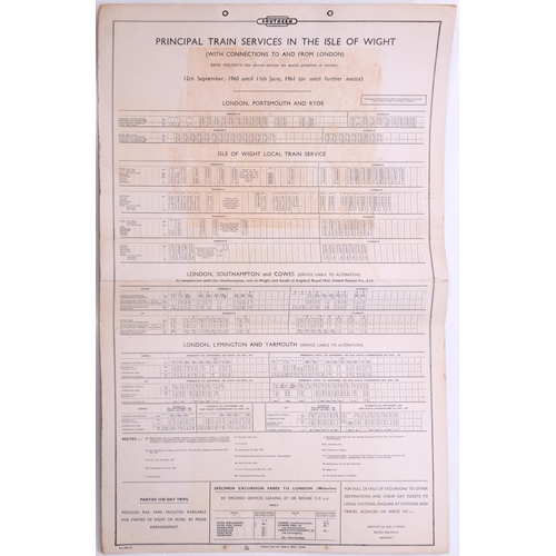 1123 - BR(S) Isle of Wight hanging card timetable 1960-61, Ventnor and Cowes lines, connections from London... 