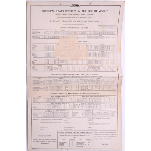 1123 - BR(S) Isle of Wight hanging card timetable 1960-61, Ventnor and Cowes lines, connections from London... 