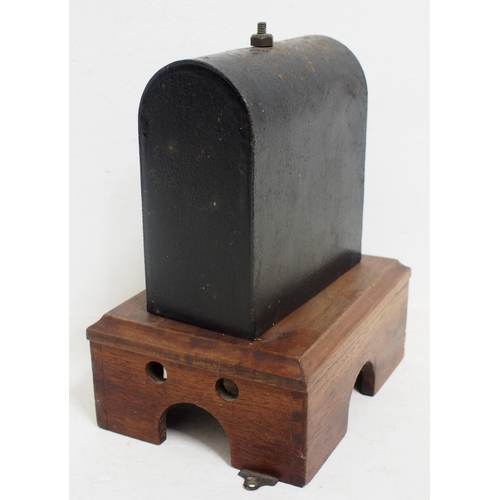 1149 - Wooden cased shelf bell, bell is underslung, coils housed in steel case mounted on wooden stand, non... 